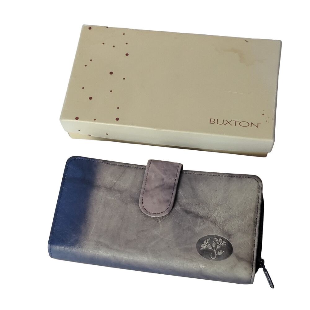 Buxton Top Grain Cowhide Leather Wallet Women's Blue Grey Floral Snap *FLAWED*